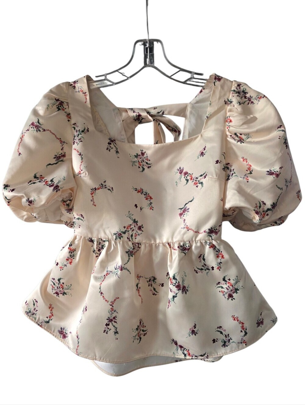Glamorous Cream Floral Puff-Sleeve Peplum Blouse Size 8